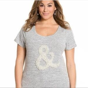 Lane Bryant Gray T-Shirt with Faux Pearl's Cream Ampersand Design Sz 18/20